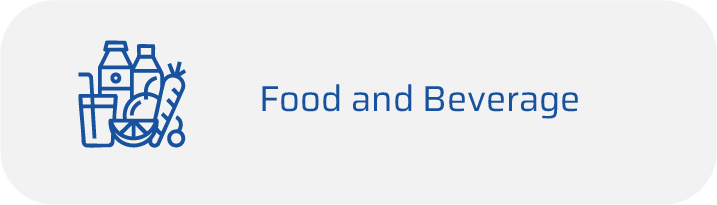 Blue groceries icon (bottles, carton, fruit) next to the label 'Food and Beverage' on a pale rounded banner, conveying the category.