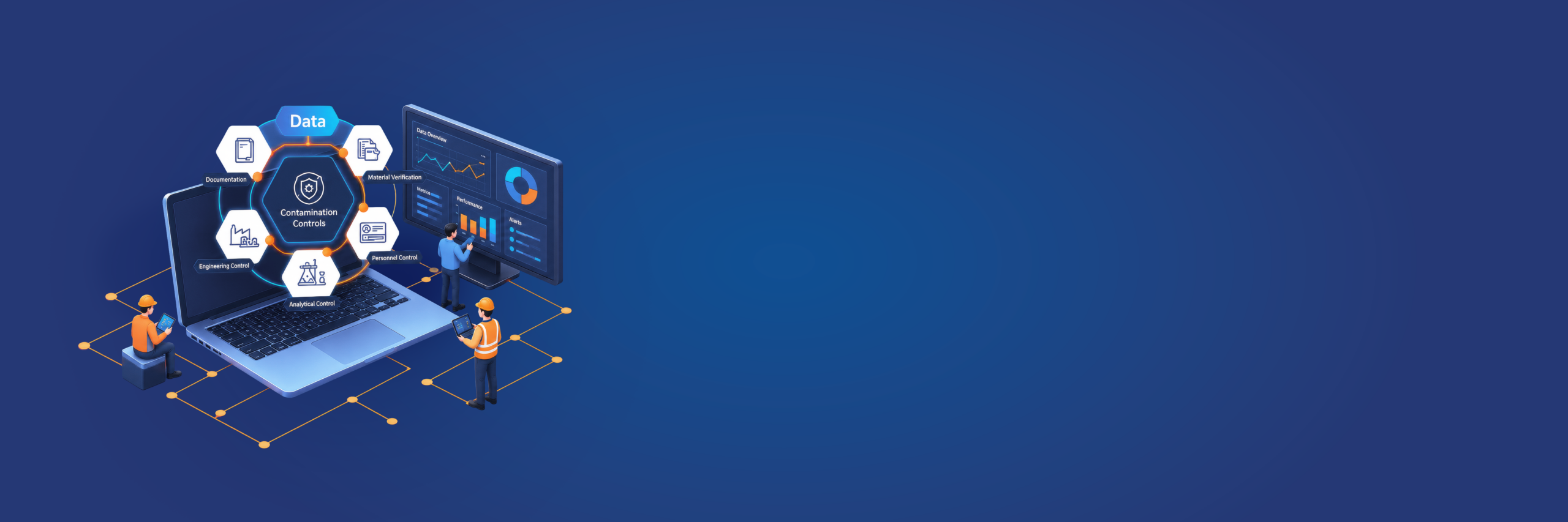 Isometric illustration of a laptop displaying data contamination controls with workers monitoring dashboards.