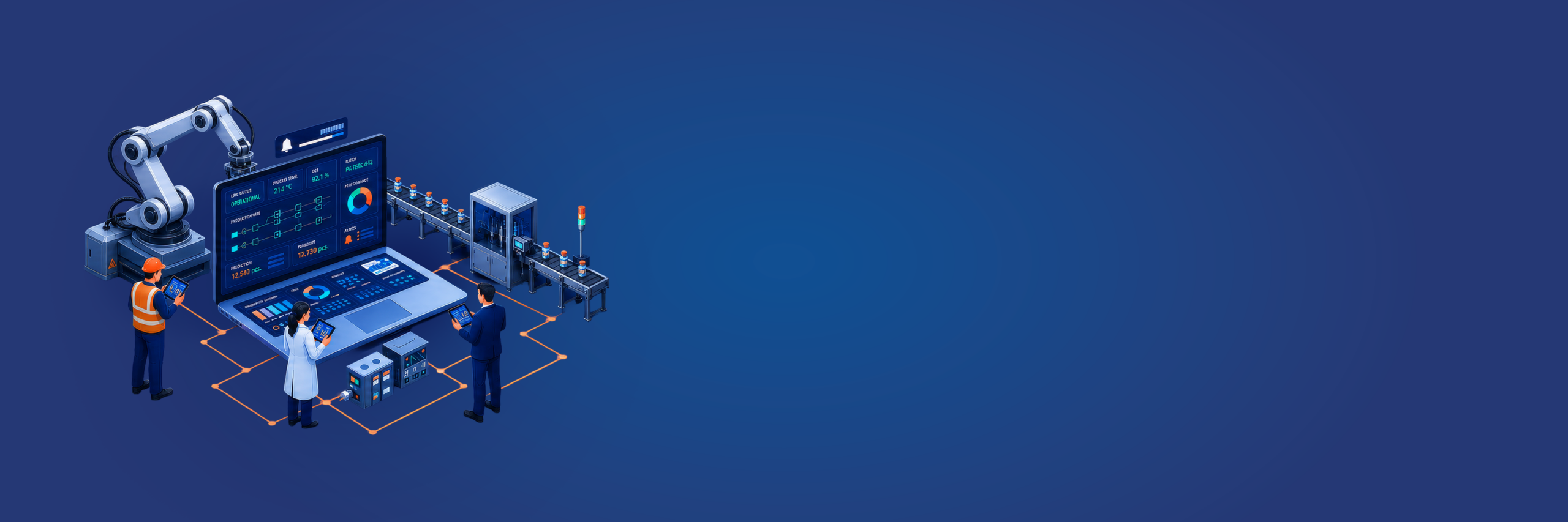 Industrial automation scene with a robotic arm, control console, and workers monitoring data on tablets and screens on a blue background.