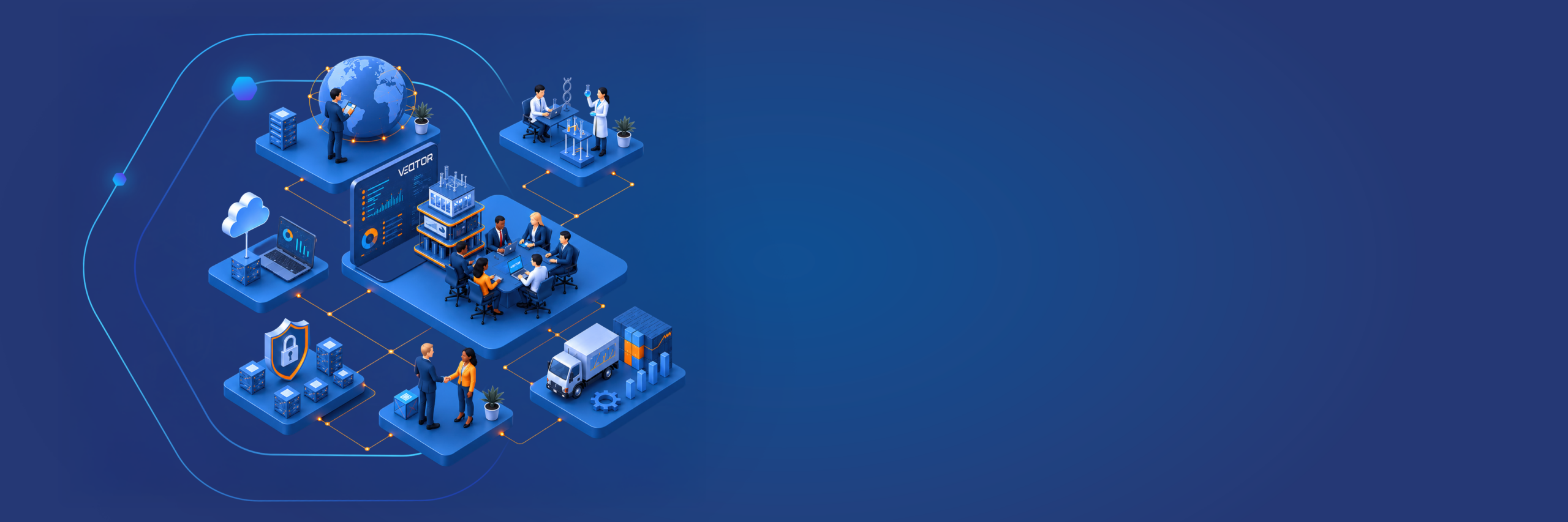 Isometric illustration of a multi-layered tech workspace with teams collaborating on servers, cloud, globe, lab workstations, and logistics connected by glowing lines.